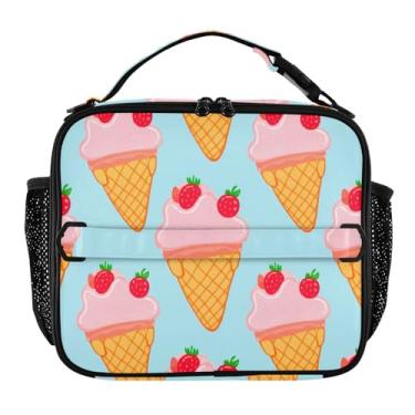 Imagem de Joisal Lancheira azul de sorvete de desenho animado morangos para mulheres, meninas, lancheira masculina e infantil, lancheira para trabalho, reutilizável para alimentos, bolsa térmica para meninos