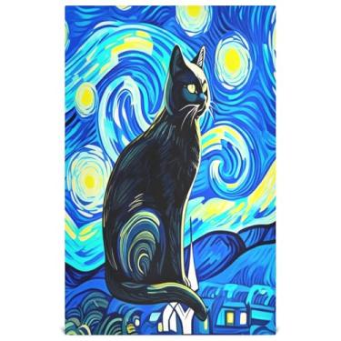 Imagem de Joisal Toalhas de mão de chá fofo gato preto azul céu noturno toalhas de prato decorativas para cozinha panos de prato reutilizáveis absorventes 45 x 71 cm, 1 pacote