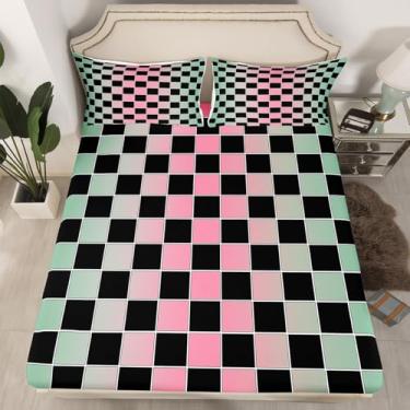 Imagem de Erosebridal Jogo de cama solteiro quadriculado geométrico, verde, rosa, ombré, estético, quadriculado, para crianças, meninos e meninas, lençol com elástico, 2 peças