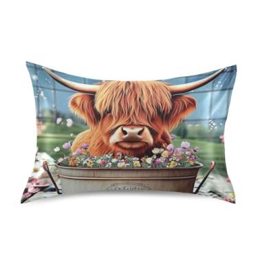 Imagem de Fronhas de cetim engraçadas lindas flores de vaca Highland King Queen capas de travesseiro padrão arte fofa capa de cama refrescante tamanho padrão 66 cm x 50 cm