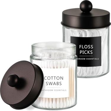 Imagem de Amolliar Potes de boticário organizador de armazenamento de banheiro - Recipiente organizador de armazenamento - Suporte de dispensador de vidro fofo Qtip com tampa para bolas de algodão Q-Tips