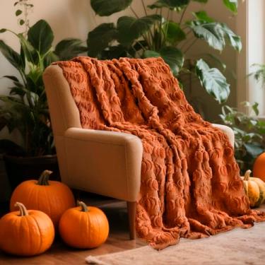 Imagem de Cobertor de abóbora para decoração de outono - 127 cm x 152 cm vermelho ferrugem outono cobertores macios decorações de Halloween para sofá casa, aconchegante pele sintética quente tema abóbora