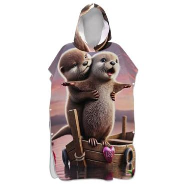 Imagem de Poncho de surfe para adultos trocador com capuz toalha de banho de secagem rápida bonito lontra casal amor ponchos de praia para homens