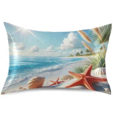 Imagem de Capa de almofada de cetim com concha costeira, estrela-do-mar, praia, capas de almofadas refrescantes arte fofa padrão Queen King, decoração de casa, tamanho padrão, 66 cm x 50 cm