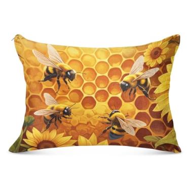 Imagem de Capas de almofada de flanela floral de girassol vibrantes abelhas decorativas padrão queen king travesseiro bonito roupa de cama decoração de casa, tamanho Queen, 50,8 cm x 76,2 cm