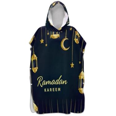 Imagem de Joisal Roupão de mudança de poncho de surfe para toalha de banho com capuz de praia leve unissex poncho adulto com capuz estampa de lanterna do Ramadã preto