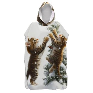 Imagem de Lindo gato vívido árvore de natal surf poncho adultos trocador com capuz toalha de praia impressão viagem homens mulheres poncho com capuz