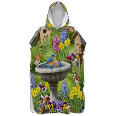 Imagem de Joisal Poncho de surfe para trocador adulto toalha de banho com capuz bonito reutilizável jardim pássaros homens mulheres poncho com capuz