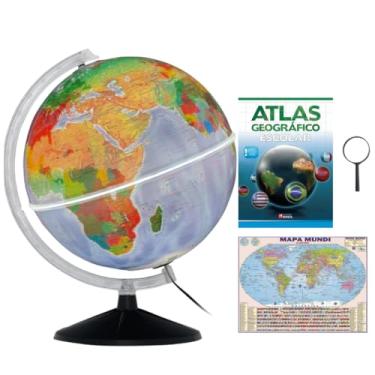 Imagem de GLOBO TERRESTRE FÍSICO POLÍTICO LUMINOSO 30CM BASE PRETA + MAPA MUNDI + LUPA + ATLAS GEOGRÁFICO
