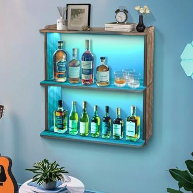 Imagem de Prateleira flutuante de 3 níveis com luz RGB montada na parede vertical com rack de vinho de LED, prateleira de exibição de garrafa de licor, prateleira de decoração de parede para quarto e sala de