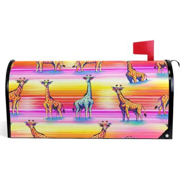 Imagem de TSENQUE Capas de caixa de correio magnéticas listradas coloridas girafas decorativas de vinil para caixa de correio de inverno férias à prova de intempéries decoração de caixa de correio tamanho