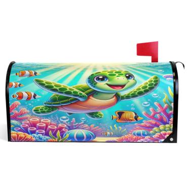 Imagem de TSENQUE Capas decorativas de caixa de correio magnéticas coloridas desenho animado tartaruga marinha coral outono caixa de correio envoltório vinil feriado à prova de intempéries decoração de caixa de
