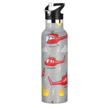 Imagem de Garrafa de água cinza fogo helicópteros de desenho animado vermelho com tampa de canudo garrafas de água isoladas de aço inoxidável para adolescentes e meninos 590 ml livre de BPA garrafa térmica à