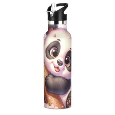 Imagem de Joisal Garrafa de água de aço inoxidável de 590 ml com tampa e alça de palha, garrafas de água esportivas infantis sem BPA, copos infantis isolados à prova de vazamento, urso panda fofo rosa