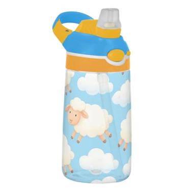 Imagem de Garrafa de água infantil azul claro de ovelhas fofas para escola, 473 ml Tritan 473 ml garrafa de água esportiva com canudo, copos de viagem infantis portáteis à prova de vazamento, alça de transporte