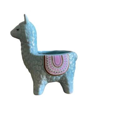 Imagem de SJBAG Vaso de suculentas de cerâmica em forma de lhama com orifícios de drenagem, vaso de animais pintado à mão para cactos e suculentas internos, decoração de casa exclusiva e presente (azul, 15 cm