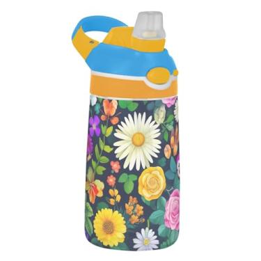 Imagem de Garrafa de água infantil de 473 ml com tampa de canudo à prova de vazamento, garrafa de água esportiva para escola, portátil, 473 ml, copo de viagem infantil Tritan, alça de transporte, flores