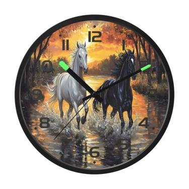 Imagem de SEHANY Relógio de parede artístico majestoso cavalos silencioso, sem tique-taque, relógio redondo operado por bateria, controle de som, luz noturna, relógios de parede para sala de estar, cozinha