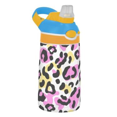 Imagem de Garrafa de água esportiva infantil pastel Leopard Spots para escola, 473 ml, 473 ml, garrafa de água Tritan com canudo, reutilizável à prova de vazamento, alça de transporte