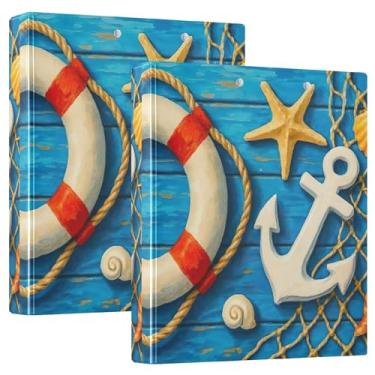Imagem de Placa de madeira azul âncora estrela do mar 3 fichários com 3 anéis comporta 200 folhas, pastas divertidas para portfólio, fichário redondo, 31,5 x 27 x 6 cm, pacote com 2