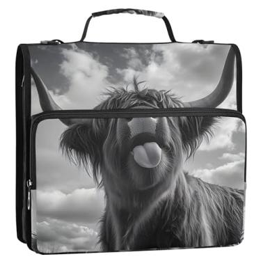 Imagem de Organizador de fichário engraçado de vaca Highland em preto e branco, 3 anéis, 3 anéis, fichário em D com alça de ombro para armazenamento escolar, estojo com alça