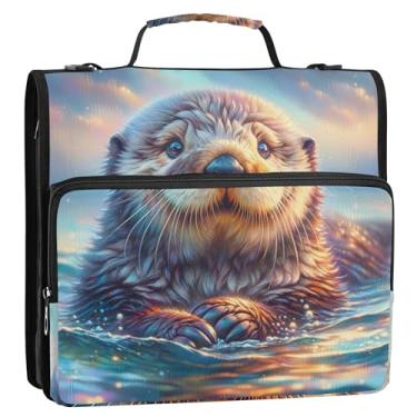 Imagem de Organizador de fichário grande com zíper de 3,8 cm, 3 anéis, estampa de animais de lontra marinha, vários bolsos, pasta grande com alça de ombro para escola