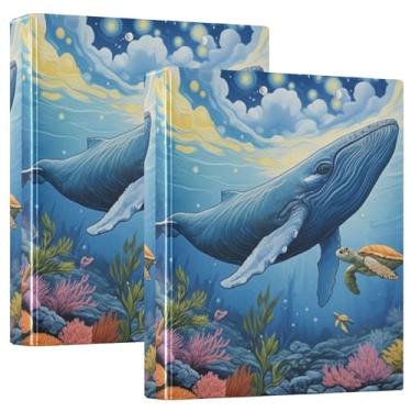 Imagem de Cena subaquática azul baleia mar 3 fichários com 3 anéis comporta 200 folhas, pastas de portfólio de desenho animado, fichário de apresentação de anel redondo, 31,5 x 27 x 6 cm, pacote com 2