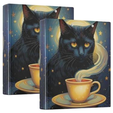 Imagem de Fichário de gato preto com olhos amarelos de 3 cm comporta 200 folhas, fofo fichário de prancheta, anel redondo, resistente, 31,5 x 27 x 6 cm, 1 pacote
