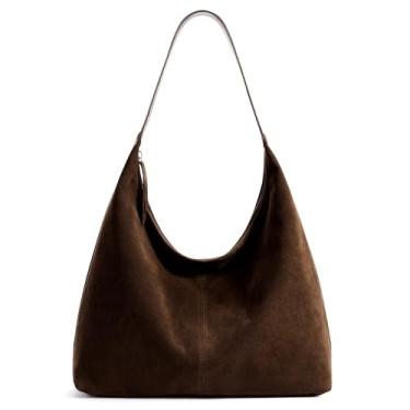 Imagem de KALIDI Bolsa de camurça sintética, bolsa Hobo despojada de couro vegano, bolsa de ombro com zíper médio para viagem, trabalho, bolsa feminina, Café escuro, Medium