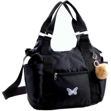 Imagem de Bolsa Transversal Feminina com Borboleta, Nylon Impermeável, Preta, Alça Ajustável, Pompom Decorativo