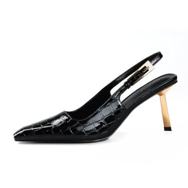 Imagem de iiimmu Salto Slingback para mulheres, bico fechado, salto gatinho de 8,89 cm, sandálias femininas de salto quadrado, sapatos sociais stiletto, sapatos de couro envernizado, Padrão de crocodilo - preto