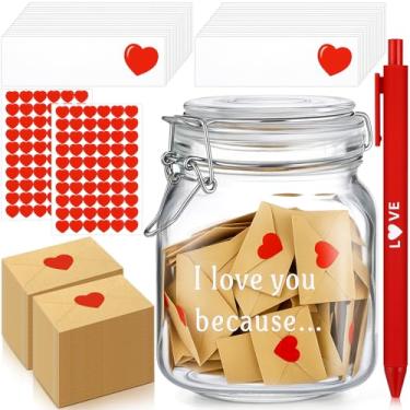 Imagem de Feifeiya Pote de notas de amor para o dia dos namorados com 100 mini cartões de notas de amor, 100 envelopes 120 adesivos de coração, 1 caneta para o dia dos namorados, casamento, noivado, aniversário