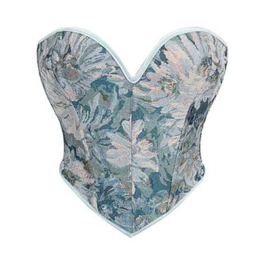 Imagem de Espartilho curto estampado azul sem alças com cadarço feminino modelad
