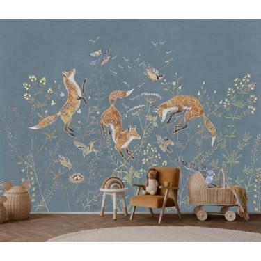 Imagem de LOOWAP Papel de parede mural autoadesivo animal raposa coelho flores para meninos meninas quarto sala de estar