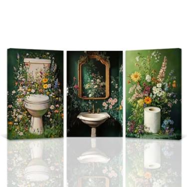Imagem de QIXIANG Conjunto de arte de parede de banheiro com 3 imagens de flores verdes botânicas para decoração de parede, banheira, tela de vaso sanitário, decoração de casa emoldurada (28 x 3 peças)