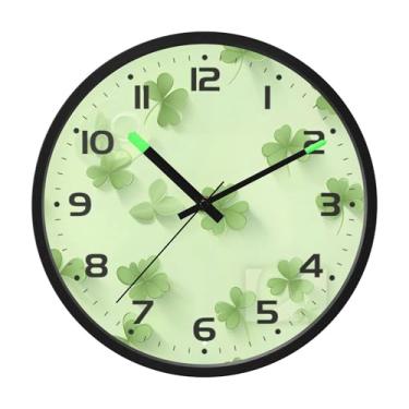 Imagem de SEHANY Relógio de parede Green Clover, silencioso, sem tique-taque, relógio redondo operado por bateria, controle de som, luz noturna, relógios de parede para sala de estar, cozinha, quarto