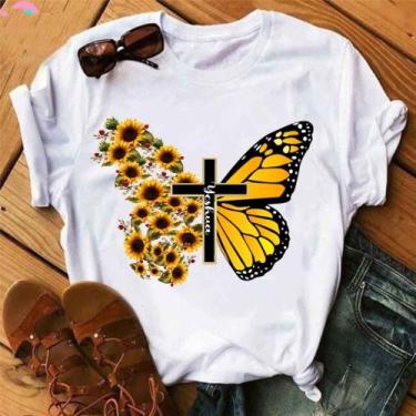 Imagem de Blusa T-shirt Camiseta Feminina Estampada -Borboleta- Várias Estampas 