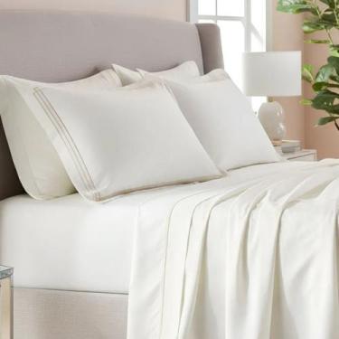 Imagem de Jogo De Lençol Queen Alícia 400 Fios Algodão Bordado Luxo Cor:PALHA - 