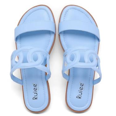 Imagem de Ruiee Sandálias rasteiras femininas de largura larga, sandálias de verão casuais de pés largos, sandálias deslizantes com tira confortável, sapatos de praia abertos para mulheres., Azul PU 8007, 9.5
