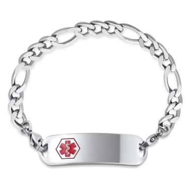 Imagem de Bling Jewelry Pulseira masculina personalizada de identificação médica Miami Cuban ou Fígaro de aço 21,6 cm com gravação personalizada, One Size, Esmalte Metal, Sem Pedra Preciosa