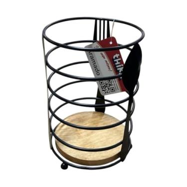 Imagem de Suporte para Talheres Decorativo, Aço com Base em Madeira, Preto e Natural, 10 cm Diâmetro x 16 cm Altura, Design Vazado