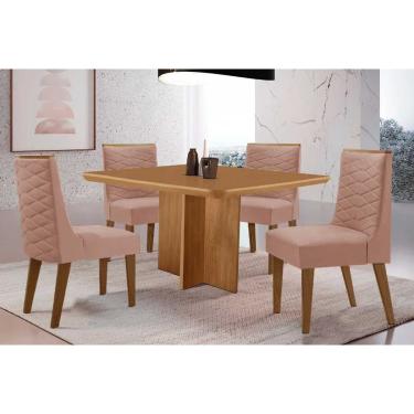 Imagem de Sala Jantar Mesa Berlim Tampo Curvo 90cm+4 Cadeiras Dafne Madeira Naturale - Capuccino/Linho Capuccino - Rufato