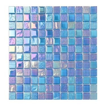 Imagem de Diflart Azulejos de mosaico de vidro, azul iridescente, quadrado de 2,5 cm, azulejo linear de vidro para piscina, fundo de cozinha, chuveiro e banheiro, parede de fonte de água, pacote com 5 folhas