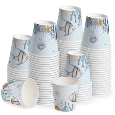 Imagem de WRAPAHOLIC Copos de papel de 85 g – Pacote com 100 copos de banheiro descartáveis com design de peixe submarino, copo pequeno para enxaguante bucal para enxágue de escova de dentes, banheiro doméstico