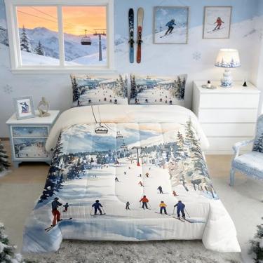 Imagem de Castle Fairy Conjunto de edredom Queen com cenário de esqui, 3 peças, aquarela, neve, montanha, pinheiros, para crianças, adolescentes e adultos, desenho animado esquiador de inverno, esportes e 2