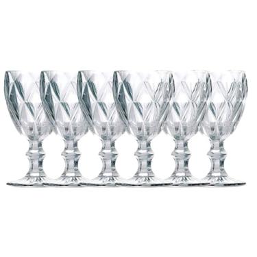 Imagem de Taças de Vidro com Corte Geométrico, Cristal Transparente, Base com Pedestal, Conjunto com 6 Peças