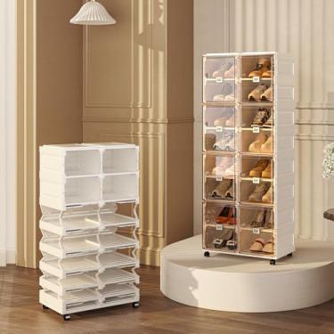 Imagem de Organizador de sapatos dobrável com rodas para armário, organizador de sapatos empilhável para entrada, sapateira com porta magnética transparente, 2 fileiras e 10 camadas (marrom + branco, 2 fileiras