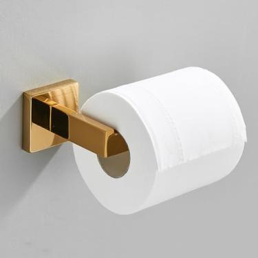 Imagem de Conjunto de acessórios de hardware de banheiro preto toalheiro de parede de aço inoxidável trilho de barra de toalha, suporte de papel e gancho cabide de banheiro dourado, suporte de papel dourado