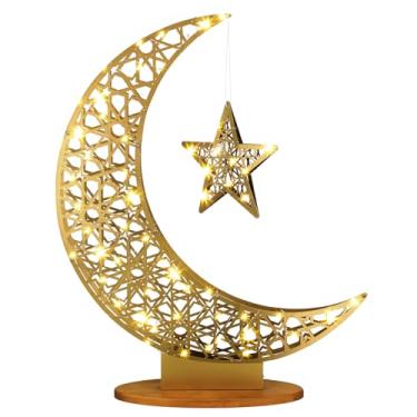 Imagem de Tujoe Grande Eid Metal Lua Estrela Luz Decoração 66,4 Polegadas LED Ramadan Mubarak Lâmpada Crescente Ramadã Decorativa LED Crescente Eid Lâmpada Crescente Mubarak Estrela Lua Suporte com Bateria