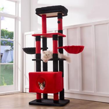 Imagem de Gardner Pet Torre de árvore de gato resistente de 165 cm para gatos grandes, móveis de vários níveis para gatos com haste de sisal substituível, rede | Plataforma extragrande e condomínio (preto